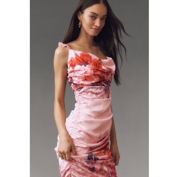 BHLDN Callie Sleeveless Ruched Printed Charmeuse Midi Dress Pink Size XL New NWT - Picture 3 of 16